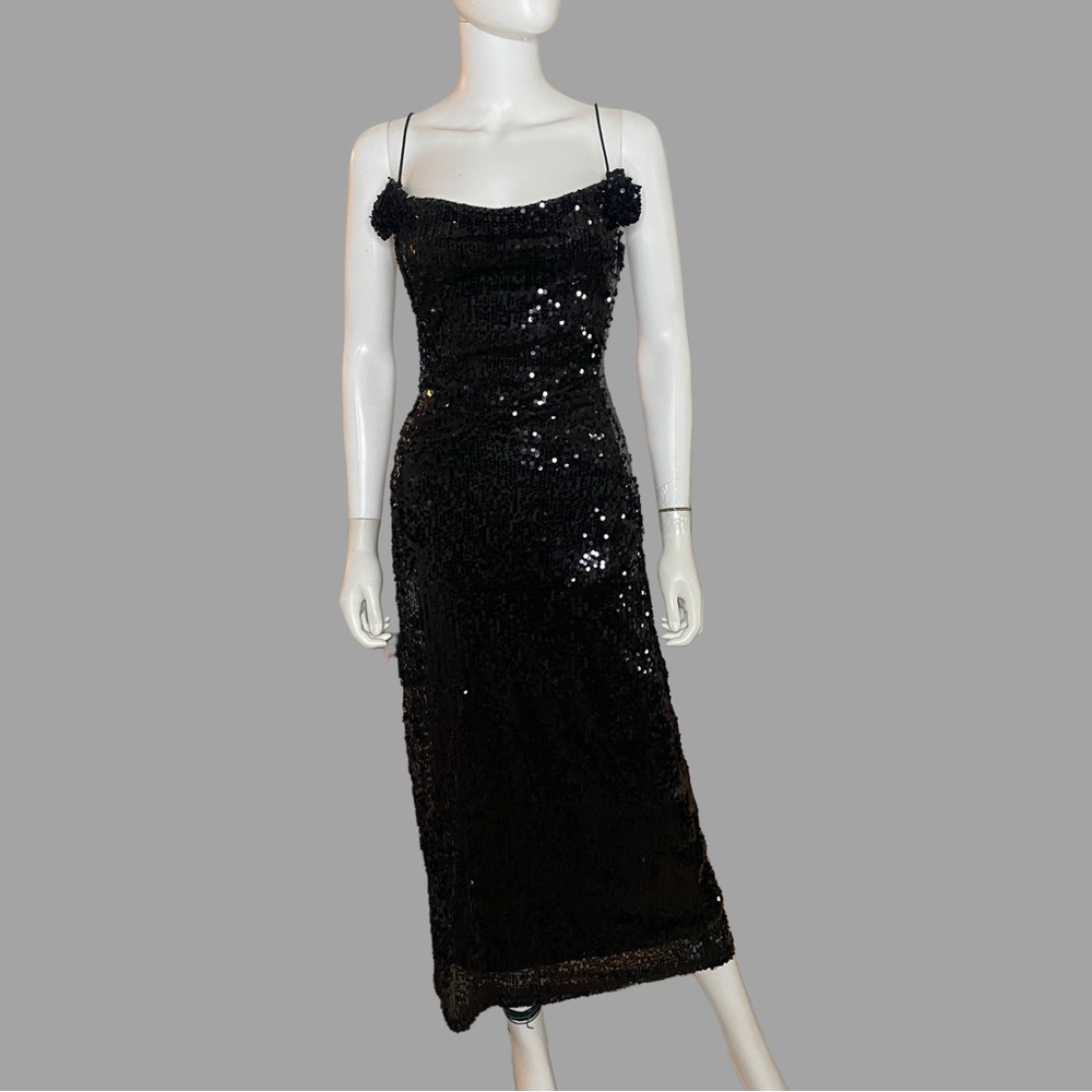 Elegant Black Rosette Sequin Maxi Dress‎